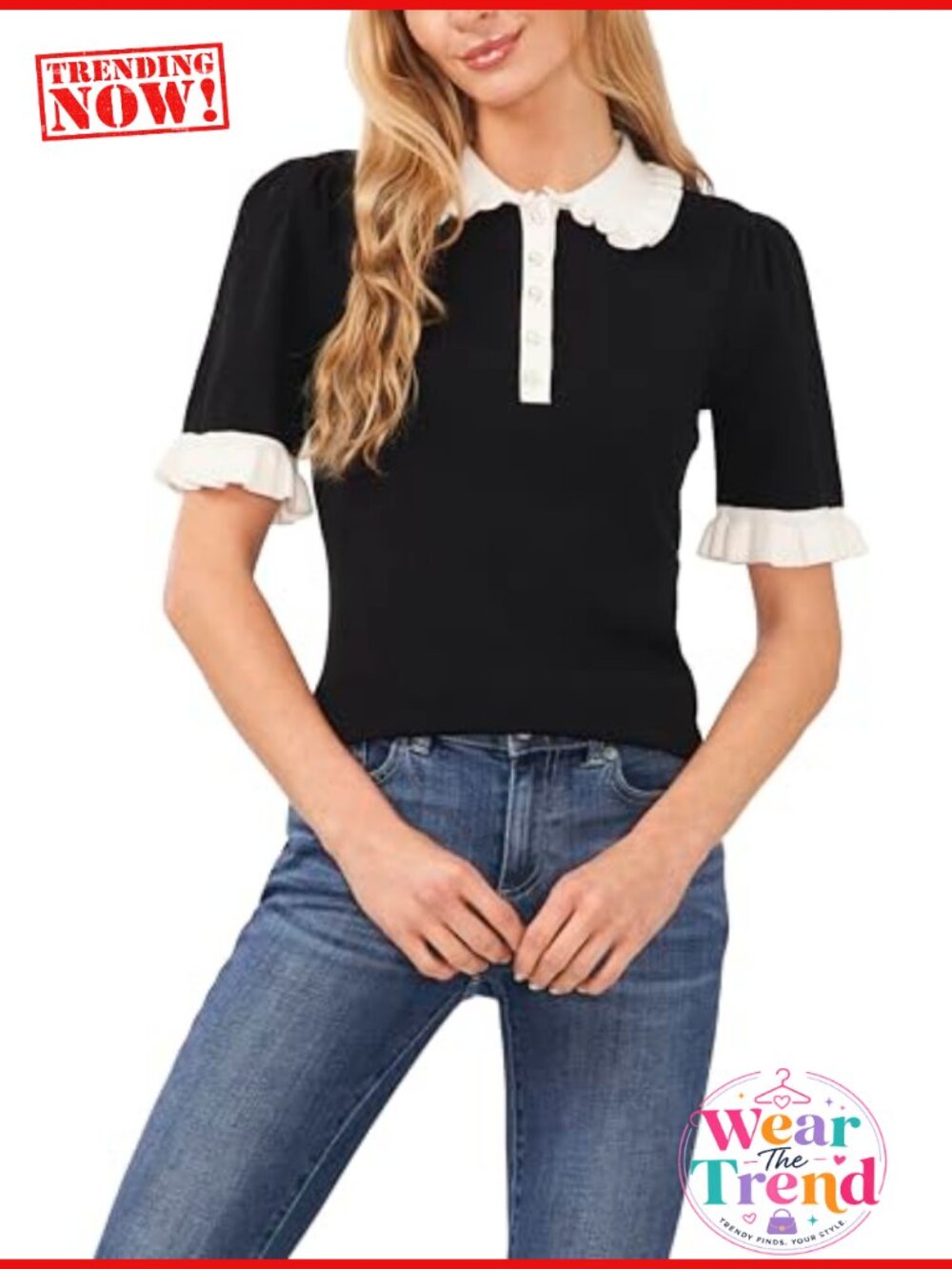 Women's Short Sleeve Contrast Collar Polo Sweater Button Closure